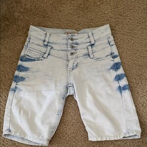 Triple Button High Waisted Tie-Dye Denim Shorts